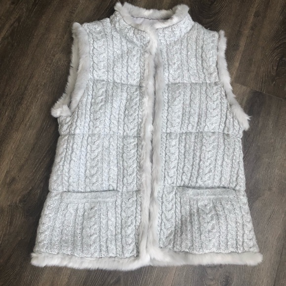 New Silver Wool Blend Cable Knit Vest with Faux